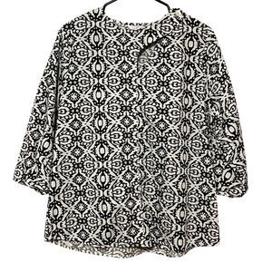 KAKTUS BLACK AND WHITE COTTON BLEND BLOUSE KEYHOLE NECK 3/4 SLEEVE SIZE LARGE